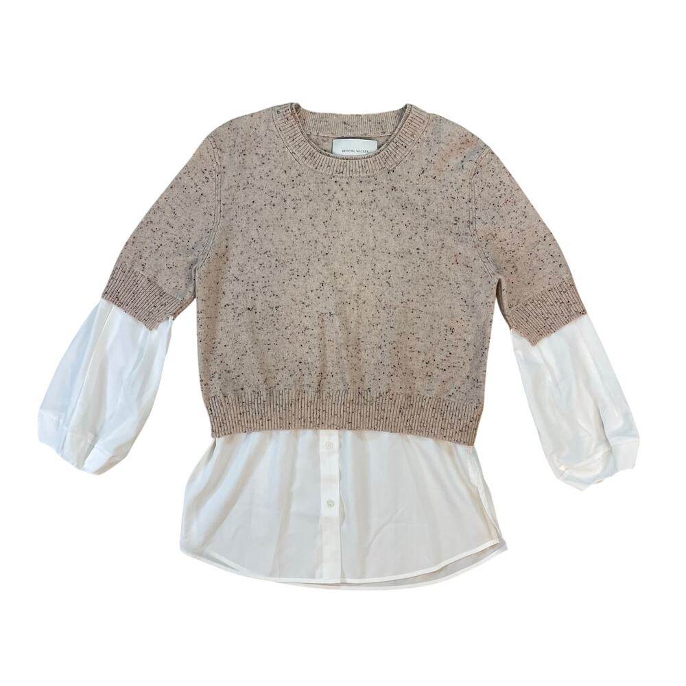 Brochu Walker Layered Sweater Womens M Wool Cashmere Silk Hem Beige Luxury Knit